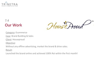 7.4
Our Work
Category: Ecommerce
Case: Brand Building & Sales
Client: Houseproud
Objective:
Without any offline advertising, market the brand & drive sales.
Result:
Launched the brand online and achieved 100% RoI within the first month!
 