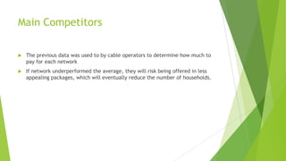 Main Competitors


The previous data was used to by cable operators to determine how much to
pay for each network



If network underperformed the average, they will risk being offered in less
appealing packages, which will eventually reduce the number of households.

 