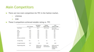 Main Competitors


There are two main competitors for TFC in the fashion market.
I.
II.



Lifetime
CNN

These 2 competitors achieved notable rating vs. TFC

 