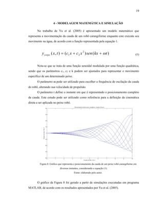 19
4 - MODELAGEM MATEMÁTICA E SIMULAÇÃO
No trabalho de Yu et al. (2005) é apresentado um modelo matemático que
representa a movimentação da cauda de um robô carangiforme enquanto este executa seu
movimento na água, de acordo com a função representada pela equação 1.
)()(),( 2
21 tkxsenxcxctxycorpo  (1)
Nota-se que se trata de uma função senoidal modulada por uma função quadrática,
sendo que os parâmetros c1, c2 e k podem ser ajustados para representar o movimento
específico de um determinado peixe.
O parâmetro  pode ser utilizado para escolher a frequência de oscilação da cauda
do robô, alterando sua velocidade de propulsão.
O parâmetro t define o instante em que é representado o posicionamento completo
da cauda. Este estudo pode ser utilizado como referência para a definição da cinemática
direta a ser aplicada no peixe robô.
Figura 8: Gráfico que representa o posicionamento da cauda de um peixe robô carangiforme em
diversos instantes, considerando a equação (1).
Fonte: elaborado pelo autor.
O gráfico da Figura 8 foi gerado a partir de simulações executadas em programa
MATLAB, de acordo com os resultados apresentados por Yu et al. (2005).
 