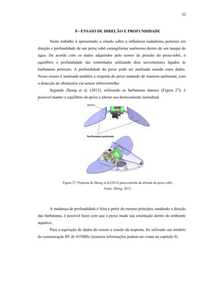 32
8 - ENSAIO DE DIREÇÃO E PROFUNDIDADE
Neste trabalho é apresentado o estudo sobre a influência nadadeiras peitorais em
direção e profundidade de um peixe robô carangiforme autônomo dentro de um tanque de
água. De acordo com os dados adquiridos pelo sensor de pressão do peixe-robô, o
equilíbrio e profundidade são controlados utilizando dois servomotores ligados às
barbatanas peitorais. A profundidade do peixe pode ser analisada usando estes dados.
Nesse ensaio é analisada também a resposta do peixe nadando de maneira autônoma, com
a detecção de obstáculos via sensor infravermelho.
Segundo Zhong et al. (2013), utilizando as barbatanas laterais (Figura 27), é
possível manter o equilíbrio do peixe e alterar seu deslocamento latitudinal.
Figura 27: Proposta de Zhong et al.(2013) para controle de altitude do peixe robô.
Fonte: Zhong, 2013.
A mudança de profundidade é feita a partir do mesmo princípio, mudando a direção
das barbatanas, é possível fazer com que o peixe mude sua orientação dentro do ambiente
aquático.
Para a aquisição de dados do sensor e estudo da resposta, foi utilizado um módulo
de comunicação RF de 433MHz (maiores informações podem ser vistas no capítulo 9).
 