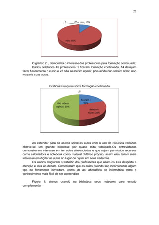 23
O gráfico 2, , demonstra o interesse dos professores pela formação continuada;
Dados coletados 45 professores, 9 fizeram formação continuada, 14 desejam
fazer futuramente o curso e 22 não souberam opinar, pois ainda não sabem como isso
mudaria suas aulas.
Grafico2-Pesquisa sobre formação continuada
Ao estender para os alunos sobre as aulas com o uso de recursos variados
obteve-se um grande interesse por quase toda totalidade.Os entrevistados
demonstraram interesse em ter aulas diferenciadas e que sejam permitidos recursos
como calculadora e notebook como material didático próprio, assim eles teriam mais
interesse em digitar as aulas no lugar de copiar em seus cadernos.
Os alunos elogiaram o trabalho dos professores que usam os Tics desperta a
atenção e leva ao debate. Comentaram que as aulas quando são incorporadas algum
tipo de ferramenta inovadora, como ida ao laboratório de informática torna o
conhecimento mais fácil de ser apreendido.
Figura 1: alunos usando na biblioteca seus noteooks para estudo
complementar
sim; 10%
não; 90%
; 0 ; 0
fizeram ;
20%
desejam
fazer; 30%
não sabem
opinar; 50%
; 0
 