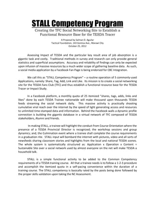 STALL Competency Program
Creating the TFC Social Networking Site to Establish a
Functional Resource Base for the TESDA Tracer
A Proposal by Salman D. Aguilar
Tactical Foundation, 143 Gomisa Ave., Marawi City
October 25, 2012

Assessing Impact of TESDA and the particular key result area of job absorption is a
gigantic task and costly. Traditional methods in survey and research can only provide general
statistics and superficial assumptions. Accuracy and reliability of findings can only be expected
upon infusion of massive resources by a much wider scope of gathering baseline data. As such,
a social media application by a Facebook Fan Page is being endorsed for CBC Integration.
We call this as “STALL Competency Program” – a routine operation of 5 commonly-used
Applications, namely: Share, Tag, Add, Link and Like. Its mission is to create a social networking
site for the TESDA Fans Club (TFC) and thus establish a functional resource base for the TESDA
Tracer or Impact Study.
In a Facebook platform, a monthly quota of 25 itemized “shares, tags, adds, links and
likes” done by each TESDA Trainee nationwide will make thousand upon thousands TESDA
feeds streaming the social network daily. This massive activity is practically shooting
cumulative viral reach over the internet by the speed of light generating access and resources
to unlimited time-stamped data and information. Behind the Facebook walls a dynamic profile
connection is building the gigantic database in a virtual network of TFC composed of TESDA
stakeholders, Alumni and friends.
In making STALL, a trainee will highlight the conduct from Course Orientation where the
presence of a TESDA Provincial Director is recognized; the workshop sessions and group
dynamics; and, the Culmination event where a trainee shall complete the course requirements
in a graduation rite. STALL input will bombard the internet with pictures, video and all sorts of
newsfeeds sharing classroom stories and highlights from the local and national TESDA scenes.
The whole system is systematically structured as: Application x Operation x Content =
Sustainable Site over a social network used by almost everyone on the net will make TESDA a
household talk.
STALL is a simple functional activity to be added to the Common Competency
requirements of a TESDA training course. All that a trainee needs is to follow a 1-2-3 procedure
and accomplish the itemized quota in a self-pacing convenience within the duration of a
training course. The STALL competency is basically rated by the posts being done followed by
the proper skills validation upon taking the NC Assessment.

 