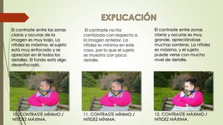 12. CONTRASTE MÁXIMO /
NITIDEZ MÁXIMA.
10. CONTRASTE MÍNIMO /
NITIDEZ MÁXIMA.
11. CONTRASTE MÍNIMO /
NITIDEZ MÍNIMA.
El contraste entre las zonas
claras y oscuras de la
imagen es muy bajo. La
nitidez es máxima, el sujeto
está muy enfocado y se
aprecian en él todos los
detalles. El fondo está algo
desenfocado.
El contraste entre zonas
claras y oscuras es muy
grande, apreciándose
muchas sombras. La nitidez
es máxima, y el sujeto
puede verse con mucho
nivel de detalle.
El contraste no ha
cambiado con respecto a
la imagen anterior. La
nitidez es mínima en este
caso, por lo que el sujeto
se muestra con poco
detalle.
 