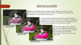 Debido al contraste máximo, existe mucha diferencia entre las zonas
claras y oscuras. Al tener saturación mínima, la imagen se muestra más
descolorida, con los colores menos puros.
Sigue existiendo diferencia entre las zonas oscuras y
claras por el nivel de contraste, al máximo. Se aprecian
mejor los tonos de la escena, no son tan pálidos como
en la anterior debido a la saturación normal.
El contraste sigue siendo máximo,
por lo que la diferencia entre zonas
claras y oscuras se aprecia mucho.
Sin embargo, el color tiene
saturación máxima y los tonos son
más vivos.
1. CONTRASTE MÁXIMO /
SATURACIÓN MÍNIMA.
2. CONTRASTE MÁXIMO /
SATURACIÓN NORMAL.
3. CONTRASTE MÁXIMO /
SATURACIÓN MÁXIMA.
 