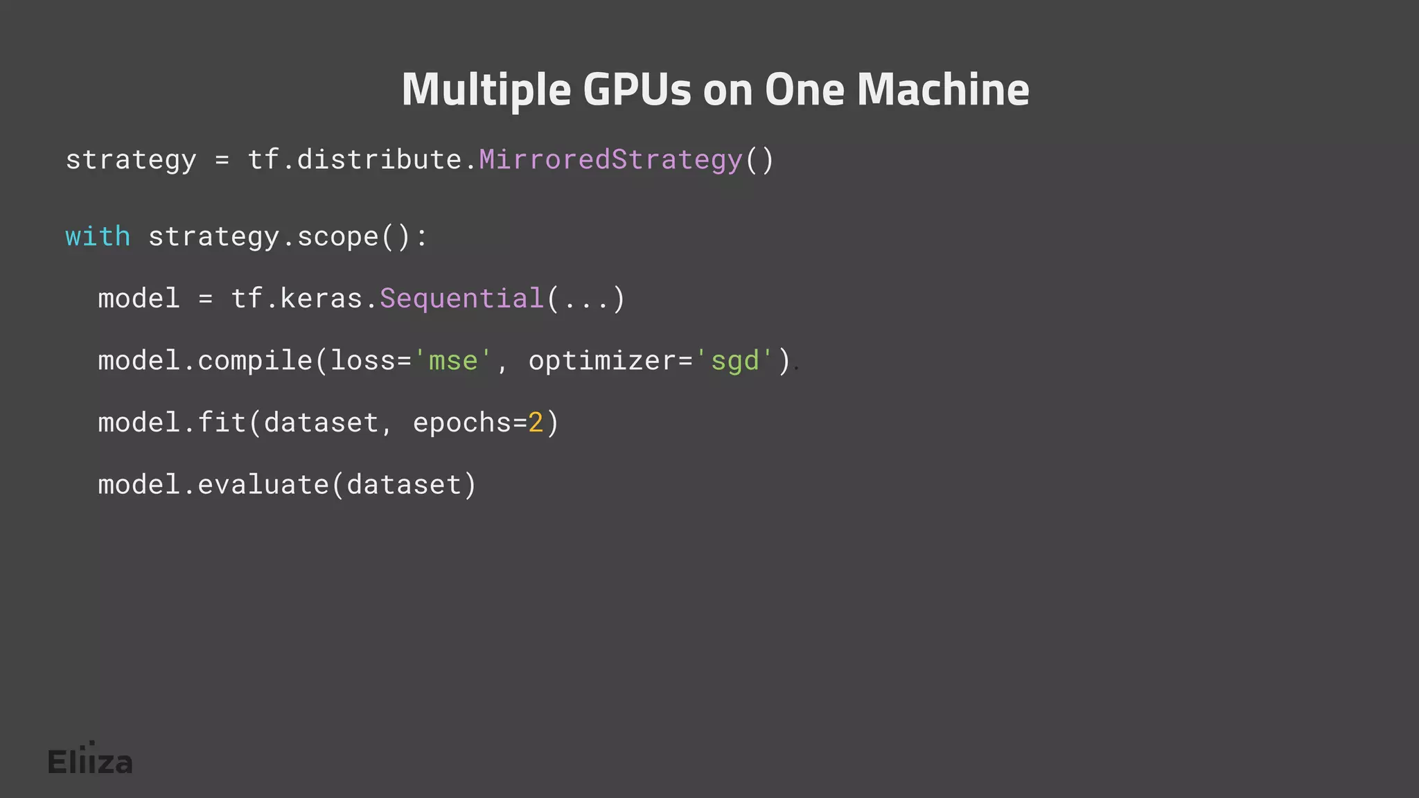 strategy = tf.distribute.MirroredStrategy()
with strategy.scope():
model = tf.keras.Sequential(...)
model.compile(loss='mse', optimizer='sgd').
model.fit(dataset, epochs=2)
model.evaluate(dataset)
Multiple GPUs on One Machine
 