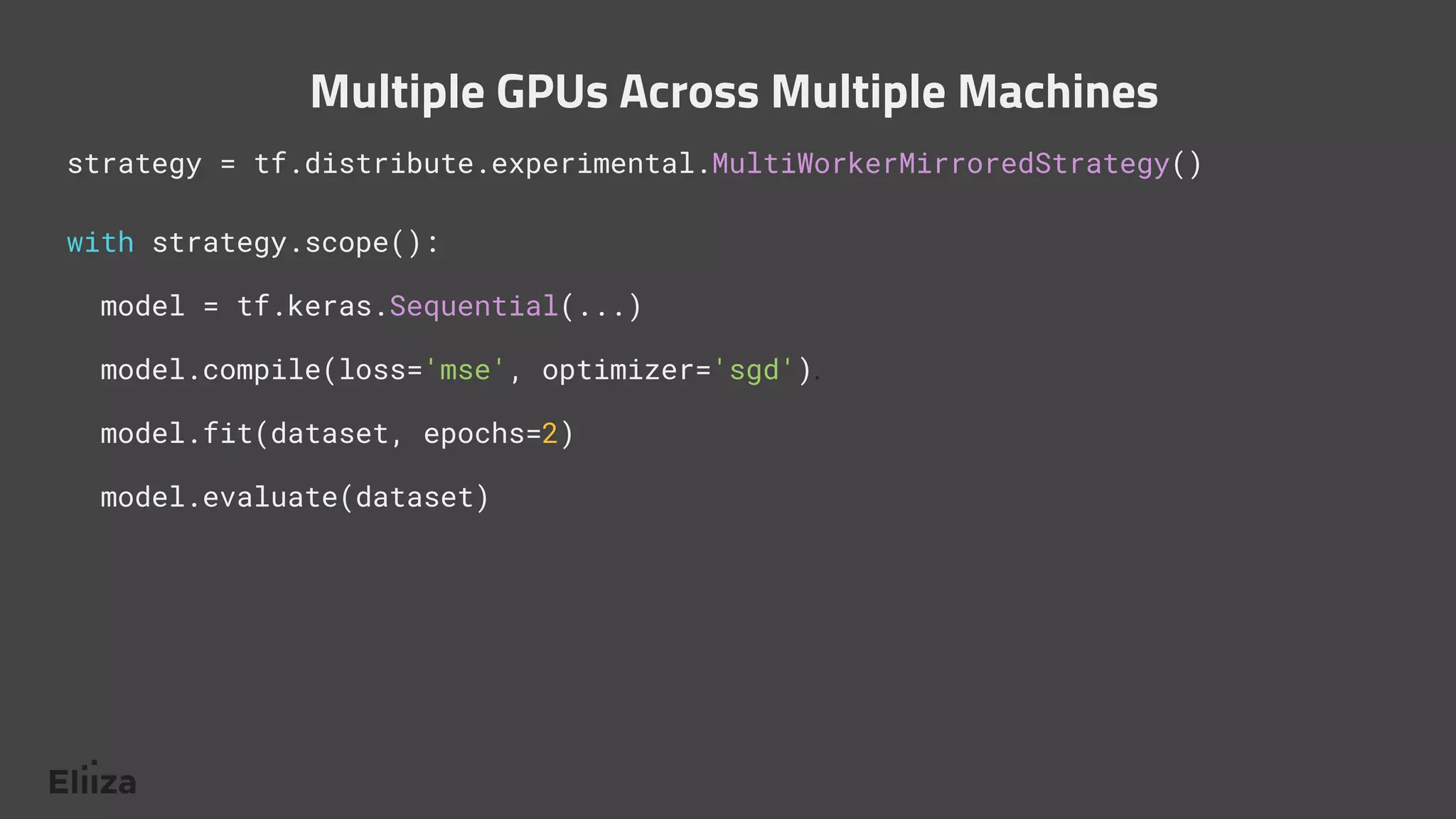 strategy = tf.distribute.experimental.MultiWorkerMirroredStrategy()
with strategy.scope():
model = tf.keras.Sequential(...)
model.compile(loss='mse', optimizer='sgd').
model.fit(dataset, epochs=2)
model.evaluate(dataset)
Multiple GPUs Across Multiple Machines
 