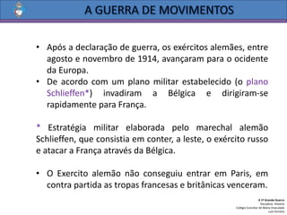 • Após a declaração de guerra, os exércitos alemães, entre
agosto e novembro de 1914, avançaram para o ocidente
da Europa.
• De acordo com um plano militar estabelecido (o plano
Schlieffen*) invadiram a Bélgica e dirigiram-se
rapidamente para França.
* Estratégia militar elaborada pelo marechal alemão
Schlieffen, que consistia em conter, a leste, o exército russo
e atacar a França através da Bélgica.
• O Exercito alemão não conseguiu entrar em Paris, em
contra partida as tropas francesas e britânicas venceram.
A 1ª Grande Guerra
Disciplina: História
Colégio Conciliar de Maria Imaculada
Luís Ferreira
 