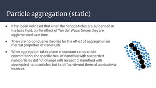 Particle aggregation (static)
● It has been indicated that when the nanoparticles are suspended in
the base fluid, on the effect of Van der Waals forces they are
agglomerated over time.
● There are no conclusive theories for the effect of aggregation on
thermal properties of nanofluids.
● When aggregation takes place at constant nanoparticle
concentration, the specific heat of nanofluid with suspended
nanoparticles did not change with respect to nanofluid with
aggregated nanoparticles, but its diffusivity and thermal conductivity
increase.
 