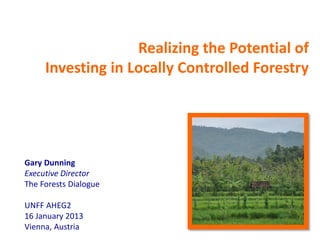 Realizing the Potential of
     Investing in Locally Controlled Forestry




Gary Dunning
Executive Director
The Forests Dialogue

UNFF AHEG2
16 January 2013
Vienna, Austria
 