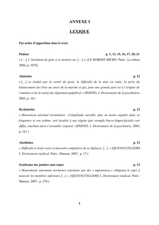 ANNEXE I 
LEXIQUE 
Par ordre d’apparition dans le texte 
Pudeur p. 1, 13, 15, 16, 17, 20, 21 
« […] 2. Sentiment de gène à se montrer nu. […] ». (LE ROBERT MICRO. Paris : Le robert, 
2006, p. 1078). 
Akinésies p. 12 
« […] se traduit par la rareté du geste, la difficulté de la mise en route, la perte du 
balancement des bras au cours de la marche et qui, pour une grande part est à l’origine de 
l’amimie et de la rareté du clignement palpébral » (POSTEL J. Dictionnaire de la psychiatrie, 
2003, p. 10.) 
Dyskinésies p. 12 
« Mouvement anormal involontaire d’amplitude variable, plus ou moins régulier dans sa 
fréquence et son rythme, soit localisé à une région (par exemple bucco-linguo-faciale) soit 
diffus, touchant alors l’ensemble corporel. »(POSTEL J. Dictionnaire de la psychiatrie, 2003, 
p. 161.) 
Akathisies p. 12 
« Difficulté à rester assis et nécessité compulsive de se déplacer. […] » (QUEVAUVILLIERS 
J. Dictionnaire médical. Paris : Masson, 2007, p. 17.) 
Syndrome des jambes sans repos p. 12 
« Mouvements anormaux nocturnes constitués par des « impatiences » obligeant le sujet à 
mouvoir les membres inférieurs […] ». (QUEVAUVILLIERS J. Dictionnaire médical. Paris : 
Masson, 2007, p. 270.) 
I 
 