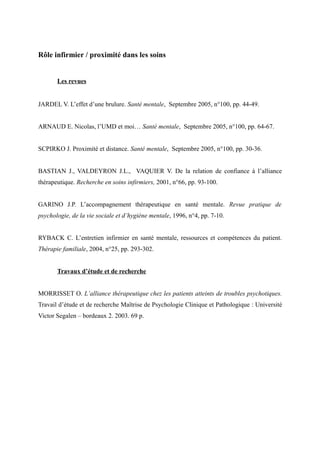 Rôle infirmier / proximité dans les soins 
Les revues 
JARDEL V. L’effet d’une brulure. Santé mentale, Septembre 2005, n°100, pp. 44-49. 
ARNAUD E. Nicolas, l’UMD et moi… Santé mentale, Septembre 2005, n°100, pp. 64-67. 
SCPIRKO J. Proximité et distance. Santé mentale, Septembre 2005, n°100, pp. 30-36. 
BASTIAN J., VALDEYRON J.L., VAQUIER V. De la relation de confiance à l’alliance 
thérapeutique. Recherche en soins infirmiers, 2001, n°66, pp. 93-100. 
GARINO J.P. L’accompagnement thérapeutique en santé mentale. Revue pratique de 
psychologie, de la vie sociale et d’hygiène mentale, 1996, n°4, pp. 7-10. 
RYBACK C. L’entretien infirmier en santé mentale, ressources et compétences du patient. 
Thérapie familiale, 2004, n°25, pp. 293-302. 
Travaux d’étude et de recherche 
MORRISSET O. L’alliance thérapeutique chez les patients atteints de troubles psychotiques. 
Travail d’étude et de recherche Maîtrise de Psychologie Clinique et Pathologique : Université 
Victor Segalen – bordeaux 2. 2003. 69 p. 
 