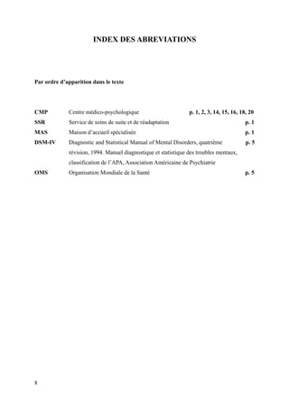 INDEX DES ABREVIATIONS 
Par ordre d’apparition dans le texte 
CMP Centre médico-psychologique p. 1, 2, 3, 14, 15, 16, 18, 20 
SSR Service de soins de suite et de réadaptation p. 1 
MAS Maison d’accueil spécialisée p. 1 
DSM-IV Diagnostic and Statistical Manual of Mental Disorders, quatrième p. 5 
révision, 1994. Manuel diagnostique et statistique des troubles mentaux, 
classification de l’APA, Association Américaine de Psychiatrie 
OMS Organisation Mondiale de la Santé p. 5 
8 
 