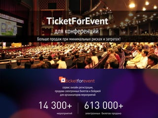 Видео
электронных билетов проданомероприятий
электронных билетов проданомероприятий
сервис онлайн регистрации,
продажи электронных билетов и бейджей
для организаторов мероприятий
TicketForEvent
для конференций
Больше продаж при минимальных рисках и затратах!
739 000+17 600+
 