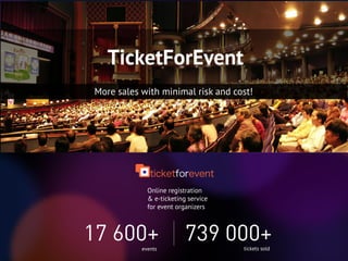 Online registration
& e-ticketing service
for event organizers
events tickets sold
More sales with minimal risk and cost!
TicketForEvent
 