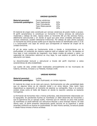 UNIDAD QUINDÍO
Material parental:
Contenido pedológico:

Ceniza volcánicas
Typic Hapludands
Typic Fulvudands
Typic Melanudands
Otros

52%
23%
15%
10%

El material de origen esta constituido por cenizas volcánicas de grado medio a grueso.
El perfil característico lo constituye un horizonte A franco arenoso de estructura
moderada y debajo de éste, reposa sobre un horizonte AB y/o Bw arenoso franco,
débilmente estructurado y en donde al igual que para otras unidades derivadas de
cenizas volcánicas, pueden detectarse krotovinas. Por debajo de este último subyace
un horizonte de arena gruesa suelta que en algunos textos es identificado como C ó 2C
y a continuación una capa de ceniza que corresponde al material de origen de la
unidad Chinchiná.
El pH de estos suelos es fuertemente ácido y tiende a incrementarse con la
profundidad, el contenido de materia orgánica está al rededor del 5%. Se destaca el
muy bajo o nulo contenido de magnesio, muy bajos niveles de potasio y calcio. La
capacidad de intercambio catiónico es muy baja, lo cual explica en parte la pobre
saturación con bases.
La discontinuidad textural y estructural a través del perfil imprimen a estos
características de alta erodabilidad.
Los suelos de esta unidad están localizados principalmente en los municipios de
Calarcá, Armenia, Circasia y La Tebaida; Ecotopo 210A.

UNIDAD ROPERO
Material parental:
Contenido pedológico:

Lutitas
Typic Dystropept, en ciertas regiones.

El material de origen es de color gris oscuro. Químicamente con alta variabilidad dado
que en algunos sitios es de reacción ácida y en otros básica. Esta razón hace
dispendiosa su separación al momento de plasmar su cartografía. Pese a lo anterior
existen áreas como el Valle del Ropero en donde la reacción calcárea es bastante
homogénea.
La formación de horizontes más o menos profundos, está directamente relacionada con
la topografía. En pendientes fuertes se manifiesta un débil desarrollo de horizontes y
que la apariencia de un cascajo suelto, mientras que en relieves un poco más suaves
se manifiesta un perfil definido con estructura blocosa y poco drenaje interno. En este
último caso, el perfil presenta coloraciones pardo oscuras en la superficie y pardo
amarillas conforme se avanza en profundidad. En este mismo sentido, la textura puede
ir desde franca limosa a franca arcillosa.

17

 
