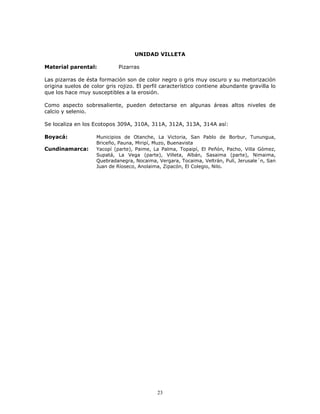 UNIDAD VILLETA
Material parental:

Pizarras

Las pizarras de ésta formación son de color negro o gris muy oscuro y su metorización
origina suelos de color gris rojizo. El perfil característico contiene abundante gravilla lo
que los hace muy susceptibles a la erosión.
Como aspecto sobresaliente, pueden detectarse en algunas áreas altos niveles de
calcio y selenio.
Se localiza en los Ecotopos 309A, 310A, 311A, 312A, 313A, 314A así:
Boyacá:
Cundinamarca:

Municipios de Otanche, La Victoria, San Pablo de Borbur, Tunungua,
Briceño, Pauna, Miripí, Muzo, Buenavista
Yacopí (parte), Paime, La Palma, Topaipí, El Peñón, Pacho, Villa Gómez,
Supatá, La Vega (parte), Villeta, Albán, Sasaima (parte), Nimaima,
Quebradanegra, Nocaima, Vergara, Tocaima, Veltrán, Pulí, Jerusale´n, San
Juan de Ríoseco, Anolaima, Zipacón, El Colegio, Nilo.

23

 