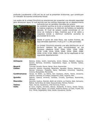 profundo (usualmente >100 cm) en el cual se presentan Krotovinas, que constituyen
un indicador de buenas condiciones físicas.
Los suelos de la unidad Chinchiná se caracterizan por presentar una elevada capacidad
para almacenar agua, lo cual permite que los cultivos dispongan de un abastecimiento
suficiente aun en periodos marcados de verano.
Su condición química es la de un andisol típico, dado que
la materia orgánica y la retención de fosfatos es bastante
elevada. El nivel de potasio puede encontrase en un
tenor de mediano a bajo, mientras que el de calcio y
magnesio tiende a disminuir conforme aumenta la
pluviosidad de la zona.
Desde el punto de vista físico, son suelos livianos, de
baja densidad aparente (<0,8 g.cm-3) y alta porosidad.
La Unidad Chinchiná presenta una alta distribución en el
territorio cafetero del país, encontrándose en los
Ecotopos cafeteros 103A, 104A, 105A, 105B, 106B,
107B, 110B, 201A, 203A, 204A, 205A, 206A, 208A,
209A, 211A, 213A, 206B y 310A. Se ha mapificado en los
siguientes departamentos:

Antioquia:
Boyacá:
Caldas:
Cundinamarca:
Quindío:
Risaralda:
Tolima:
Valle:

Betania, Andes, Jardín, Caramanta, Jericó; Ebéjico, Medellín, Abejorral,
Sonsón, Barbosa, Girardota, Copacabana, Itaguí, La Estrella, Caldas,
Sabaneta.
Tununga, Briceño, Pauna, Maripi, Muzo, Buenavista.
Anserma, Viterbo, Risaralda, Belalcázar, Aguadas, Pácora, Salamina, La
Merced, Aranzazu, Filadelfia, Neira, Manizales, Chinchiná, Palestina,
Victoria, Marquetalia, Marulanda.
Yacopí, El Peñón, La Palma, San Cayetano, Pacho, Paime, Anolaima,
Zipacón, Cachipay, El Colegio, Anapoima, Viotá, Tocaima, Nilo.
Salento, Calarcá, Armenia, Córdoba, Circasia, Quimbaya, Buenavista,
Génova.
Quinchía, Guática, Mistrató, Belén de Umbría, La Virgínia, Apía, Santuario,
Balboa, Santa Rosa de Cabal, Dosquebradas, Pereira, Pereira.
Falan, Herveo, Casabianca, Villa Hermosa, Fresno.
El Cairo, Argelia, Versalles, Bolivar, Roldanillo, El Dovio, Darién Yotoco,
Trestrepo, Vijes, Dagua, La Cumbre, Anserma Nuevo, La Celia, Trujillo, Río
Frío, Titiribí, Angelópolis, Ulloa, Alcalá, Caicedonia, Sevilla.

7

 