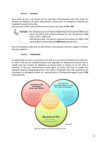 4.4.3.1.   Financier

De ce point de vue, il est certain que les coûts des communications vont faire chuter les
factures de téléphone de façon spectaculaire, surtout pour les entreprises multisites qui
s’appellent souvent entre elles.
Nous pouvons chiffrer cette diminution de la facture de l’ordre de 50 à 75%.

          Exemple : Une entreprise qui a une facture téléphonique mensuelle de 2000 euros
                     passe à la VoIP et voit sa facture diminuer de 75%. Cela donnera 2000
                     euros x 75% = 1500 euros.
                     Cela donnera donc une facture mensuelle qui passera de 2000 à 500
                     euros et donc une économie de 1500 euros tous les mois !

Pour les entreprises telles que les calls centers, nous pouvons aisément imaginer l’étendue
des gains apportés.

           4.4.3.2.   Productivité

La productivité est aussi un des points où la VoIP aura un niveau d’influence très important.
En effet, le fait que les employés puissent être joignables en déplacement partout dans le
monde avec leur numéro de téléphone du bureau (dans la mesure où ils ont accès à
Internet), le fait que l’administrateur puisse gérer en temps réel tous les appels des
employés dispersés géographiquement sans oublier l’intégration dans des applications de
l’entreprise, la messagerie unifiée, etc. vont permettre à l’entreprise de gagner jusqu’à 70%
de productivité.




                           Figure 19 : Quelques avantages générés par la VoIP



                                                                                                40
 