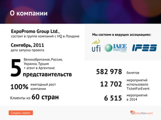 О компании
Сентябрь, 2011
дата запуска проекта
582 978
12 702
5представительств билетов
мероприятий
использовало
TicketForEvent
Великобритания, Россия,
Украина, Турция
+ агент в Аргентине
100% ежегодный рост
компании
Клиенты из 60 стран 6 515
мероприятий
в 2014
ExpoPromo Group Ltd.,
состоит в группе компаний с HQ в Лондоне Мы состоим в ведущих ассоциациях:
Создать сервис
 
