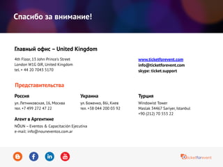 Спасибо за внимание!
www.ticketforevent.com
info@ticketforevent.com
skype: ticket.support
Nuzhetiye cd. Fatma hanım
apt. No 52 Besiktas – Istanbul
+90 (212) 70 553 22
Турция
ул. Боженко, 86i, Киев
тел. +38 044 200 03 92
Украина
Главный офис – United Kingdom
4th Floor, 13 John Prince's Street
London W1G 0JR, United Kingdom
tel. + 44 20 7043 5170
Дербеневская набережная, 7,
стр. 5, офис 307, Москва
тел. +7 499 272 47 22
Представительства
Россия
NÕUN – Eventos & Capacitación Ejecutiva
e-mail: info@nouneventos.com.ar
Агент в Аргентине
 