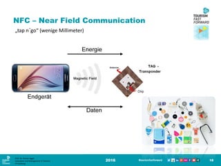 NFC – Near Field Communication
2016 18
„tap n´go“ (wenige Millimeter)
Prof. Dr. Roman Egger
Innovation and Management in Tourism
FH-Salzburg
 