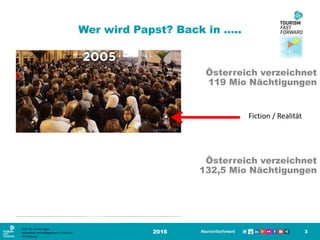 Wer wird Papst? Back in …..
Österreich verzeichnet
119 Mio Nächtigungen
2016 3
Österreich verzeichnet
132,5 Mio Nächtigungen
Fiction / Realität
Prof. Dr. Roman Egger
Innovation and Management in Tourism
FH-Salzburg
 