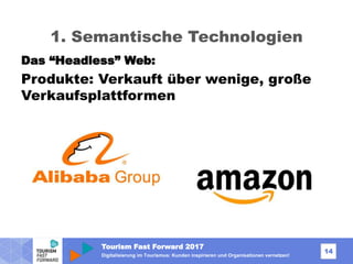 Tourism Fast Forward 2017
14
Digitalisierung im Tourismus: Kunden inspirieren und Organisationen vernetzen!
1. Semantische Technologien
Das “Headless” Web:
Produkte: Verkauft über wenige, große
Verkaufsplattformen
 