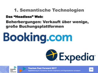 Tourism Fast Forward 2017
15
Digitalisierung im Tourismus: Kunden inspirieren und Organisationen vernetzen!
1. Semantische Technologien
Das “Headless” Web:
Beherbergungen: Verkauft über wenige,
große Buchungsplattformen
 