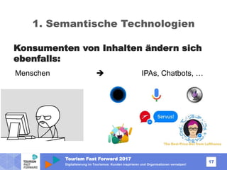 Tourism Fast Forward 2017
17
Digitalisierung im Tourismus: Kunden inspirieren und Organisationen vernetzen!
1. Semantische Technologien
Konsumenten von Inhalten ändern sich
ebenfalls:
 IPAs, Chatbots, …Menschen
 