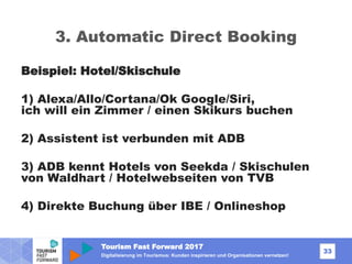 Tourism Fast Forward 2017
33
Digitalisierung im Tourismus: Kunden inspirieren und Organisationen vernetzen!
3. Automatic Direct Booking
Beispiel: Hotel/Skischule
1) Alexa/Allo/Cortana/Ok Google/Siri,
ich will ein Zimmer / einen Skikurs buchen
2) Assistent ist verbunden mit ADB
3) ADB kennt Hotels von Seekda / Skischulen
von Waldhart / Hotelwebseiten von TVB
4) Direkte Buchung über IBE / Onlineshop
 