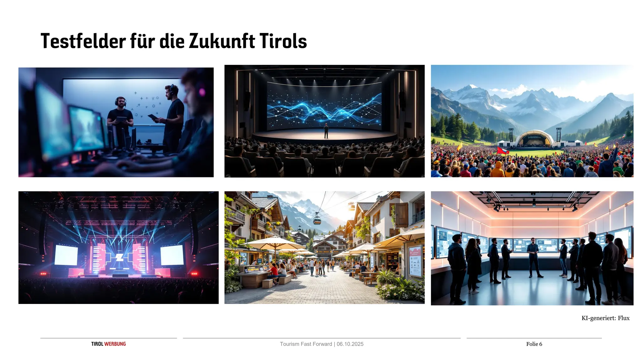Folie 6
TIROL WERBUNG
Testfelder für die Zukunft Tirols
KI-generiert: Flux
Tourism Fast Forward | 06.10.2025
 