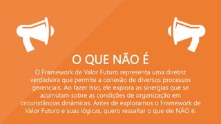 ELE NÃO É ISOLADO
O alicerce que sustenta a Framework é o contexto (por que) da
organização, indivíduo e sociedade. Ele integra o indivíduo que percebe
o valor, a sociedade como condutor de novas estruturas e lógicas, e a
organização como geradora de valor. Concebida sob medida para uma
situação inicial específica, o Framework ajuda a expandir o conjunto
único de desafios e capacidades organizacionais.
 
