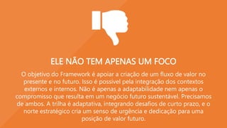 NÃO É UMA FERRAMENTA PARA PREVER O FUTURO
O Framework conecta os futuros com o presente. Ele, no entanto, não
“prevê” as realidades do amanhã. Sua lógica facilita lidar com o
desconhecido de forma pragmática, harmonizando o desejado e o
possível, o presente e o futuro. O Framework representa um ambiente
para o desenvolvimento de um caminho de como executar uma
estratégia que atende o presente e o futuro organização e sociedade.
 