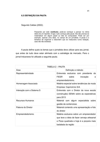 45

       6.5 DEFINIÇÃO DA PAUTA



       Segundo Caldas (2002);


                      Passando por este vestibular, pode-se começar a pensar na rotina
                      diária de um repórter. A rigor, tudo começa pela pauta. Ela não precisa se
                      materializar em algum papel ou tela do computador. Pode ser por
                      exemplo, apenas uma ideia, no campo de um jornalista. A pauta é a
                      tentativa de organizar a desordem que se instauraria numa redação,
                      caso ela não existisse.



       A pauta define quais os temas que o jornalista deve utilizar para seu jornal,
que antes de tudo deve estar alinhado com a estratégia de mercado. Para o
jornal Indusnews foi utilizado a seguinte pauta;



                                       TABELA 2 – PAUTA
Área                                                             Definição e método
Representatividade                                  Entrevista exclusiva com presidente da
                                                    FIESP,          sobre           inovação       e
                                                    empreendedorismo.
Homenagem Associado                                 Matéria especial sobre tendências de moda
                                                    Empresa: Capricórnio S/A
Interação com o Sistema S                           Entrevista com o Diretor da nova escola
                                                    (construção) SENAI sobre as expectativas
                                                    para 2013
Recursos Humanos                                    Material com algum especialista sobre
                                                    gestão de contencioso
Palavra do Diretor                                  Material contendo uma apresentação e foto
                                                    do diretor
Empreendedorismo                                    Matéria exclusiva sobre um empreendedor
                                                    que teve a ideia de fazer cerveja artesanal
                                                    e Pizza quadrada e hoje é a pizzaria mais
                                                    badalada da região
 