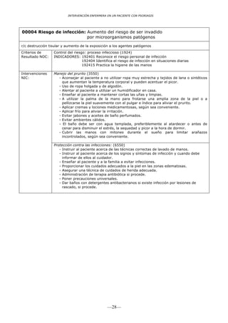 INTERVENCIÓN ENFERMERA EN UN PACIENTE CON PSORIASIS




00004 Riesgo de infección: Aumento del riesgo de ser invadido
                           por microorganismos patógenos

r/c destrucción tisular y aumento de la exposición a los agentes patógenos
Criterios de      Control del riesgo: proceso infeccioso (1924)
Resultado NOC:    INDICADORES: 192401 Reconoce el riesgo personal de infección
                                   192404 Identifica el riesgo de infección en situaciones diarias
                                   192415 Practica la higiene de las manos

Intervenciones    Manejo del prurito (3550)
NIC:                - Aconsejar al paciente a no utilizar ropa muy estrecha y tejidos de lana o sintéticos
                      que aumentan la temperatura corporal y pueden acentuar el picor.
                    - Uso de ropa holgada y de algodón.
                    - Alentar al paciente a utilizar un humidificador en casa.
                    - Enseñar al paciente a mantener cortas las uñas y limpias.
                    - A utilizar la palma de la mano para frotarse una amplia zona de la piel o a
                      pellizcarse la piel suavemente con el pulgar e índice para aliviar el prurito.
                    - Aplicar cremas y lociones medicamentosas, según sea conveniente.
                    - Aplicar frío para aliviar la irritación.
                    - Evitar jabones y aceites de baño perfumados.
                    - Evitar ambientes cálidos.
                    - El baño debe ser con agua templada, preferiblemente al atardecer o antes de
                      cenar para disminuir el estrés, la sequedad y picor a la hora de dormir.
                    - Cubrir las manos con mitones durante el sueño para limitar arañazos
                      incontrolados, según sea conveniente.

                  Protección contra las infecciones: (6550)
                     - Instruir al paciente acerca de las técnicas correctas de lavado de manos.
                     - Instruir al paciente acerca de los signos y síntomas de infección y cuando debe
                       informar de ellos al cuidador.
                     - Enseñar al paciente y a la familia a evitar infecciones.
                     - Proporcionar los cuidados adecuados a la piel en las zonas edematosas.
                     - Asegurar una técnica de cuidados de herida adecuada.
                     - Administración de terapia antibiótica si procede.
                     - Poner precauciones universales.
                     - Dar baños con detergentes antibacterianos si existe infección por lesiones de
                       rascado, si procede.




                                                 —28—
 