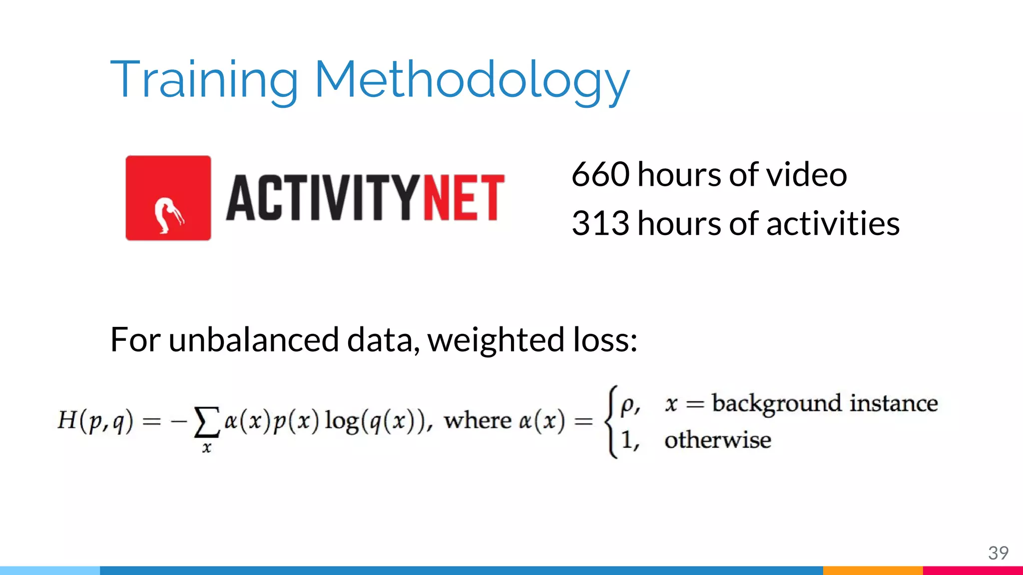 Training Methodology
For unbalanced data, weighted loss:
39
660 hours of video
313 hours of activities
 