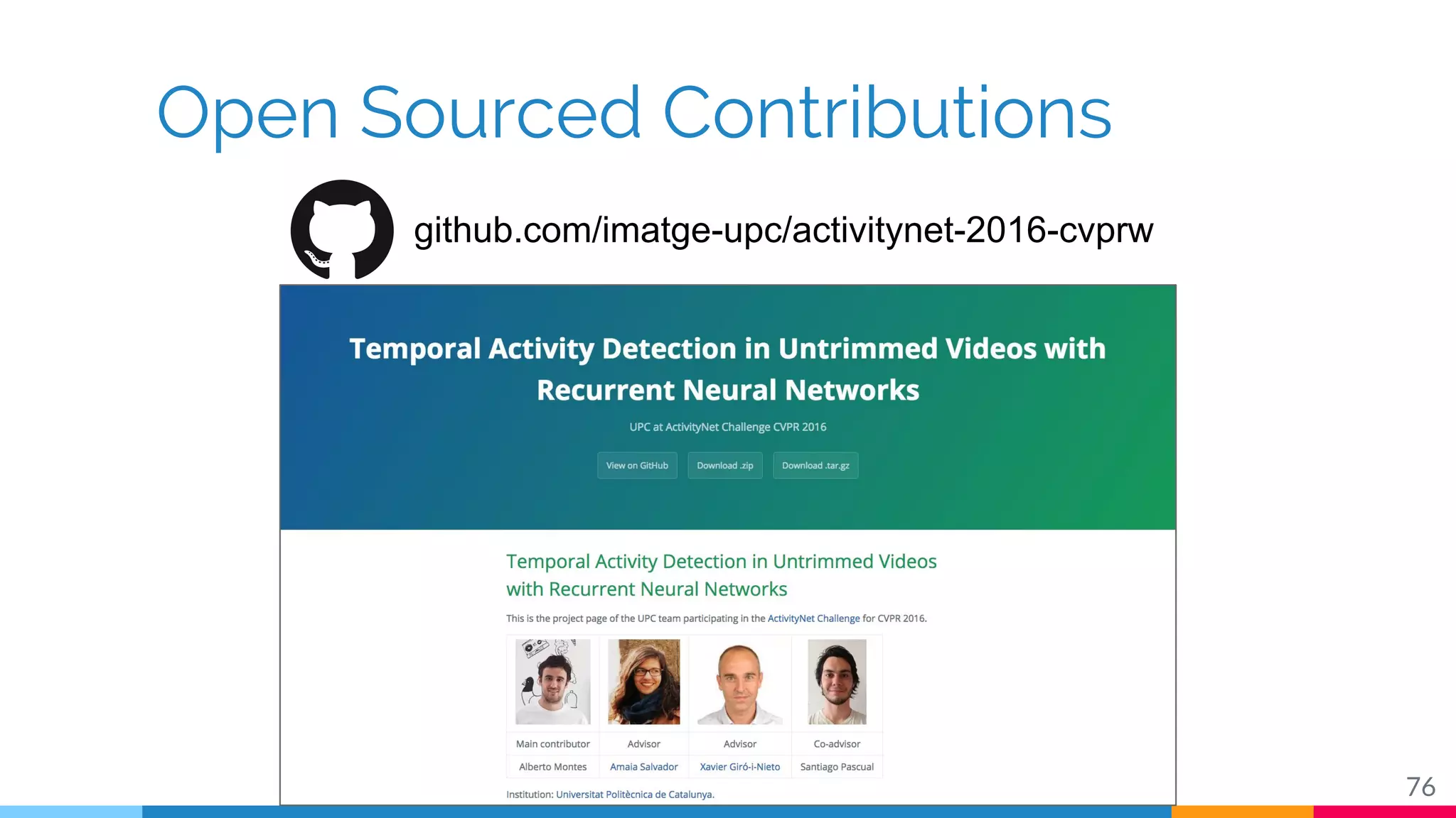 Open Sourced Contributions
76
github.com/imatge-upc/activitynet-2016-cvprw
 