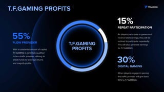 T.F.GAMING PROFITS
T.F.GAMING
PROFITS
FLOW PROVIDER
55%
With a substantial amount of capital,
T.F.GAMING is definitely qualified
to be a traffic provider, utilizing its
ample funds to leverage returns
and magnify profits.
REPEAT PARTICIPATION
15%
As players participate in games and
receive total earnings, they will be
inclined to participate repeatedly.
This will also generate earnings
for T.F.GAMING.
When players engage in gaming,
the traffic provider will give back
30% to T.F.GAMING.
DIGITAL GAMING
30%
 