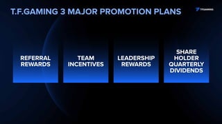 T.F.GAMING 3 MAJOR PROMOTION PLANS
LEADERSHIP
REWARDS
LEADERSHIP
REWARDS
TEAM
INCENTIVES
TEAM
INCENTIVES
REFERRAL
REWARDS
REFERRAL
REWARDS
SHARE
HOLDER
QUARTERLY
DIVIDENDS
SHARE
HOLDER
QUARTERLY
DIVIDENDS
 