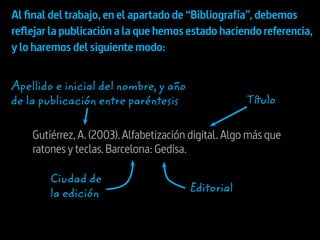 Al final del trabajo,en el apartado de “Bibliografía”,debemos
reflejar la publicación a la que hemos estado haciendo referencia,
y lo haremos del siguiente modo:
Gutiérrez,A.(2003).Alfabetización digital.Algo más que
ratones y teclas.Barcelona: Gedisa.
Título
Ciudad de
la edición Editorial
Apellido e inicial del nombre, y año
de la publicación entre paréntesis
 