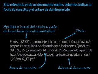 Si la referencia es de un documento online, debemos indicar la
fecha de consulta y el enlace de donde procede
Fecha de consulta Enlace al documento
Ferrés,J.(2006).Lacompetenciaencomunicaciónaudiovisual:
propuestaarticuladadedimensioneseindicadores.Quaderns
delCAC,25.(Consultado:14junio,2014)Recuperadoapartirde
http://www.cac.cat/pfw_files/cma/recerca/quaderns_cac/
Q25ferres2_ES.pdf
Título
Apellido e inicial del nombre, y año
de la publicación entre paréntesis
 
