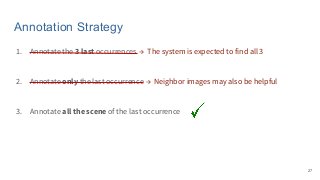 Annotation Strategy
2. Annotate only the last occurrence
3. Annotate all the scene of the last occurrence
→ Neighbor images may also be helpful
→ The system is expected to find all 31. Annotate the 3 last occurrences
27
 