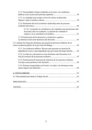 5
5.1.2. Nacionalidad y tiempo residiendo en el centro. Las residencias
públicas como recurso para personas españolas ................................................ 38
5.1.3. La viudedad como estado civil en los centros residenciales.
Mujeres viudas y hombres solteros................................................................... 39
5.1.4. Predominio del nivel económico medio-bajo entre las personas
residentes del centro......................................................................................... 40
5.1.4.1. La pensión no contributiva y de viudedad como prestaciones más
frecuentes entre los residentes. La pensión de viudedad en
mujeres y la no contributiva en hombres............................................... 41
5.1.5 Feminización de las demencias y el deterioro cognitivo.
La demencia senil como demencia más frecuente............................................. 43
5.2. Analizar las relaciones familiares que poseen las personas residentes de un
centro residencial público de la provincia de Málaga................................................... 45
5.2.1. Las residencias públicas. Recurso para personas en situación de
dependencia severa o gran dependencia que provienen del hogar familiar ........ 45
5.2.2. Los hijos/as y hermanos/as como familiares más frecuentes en la
lista de contactos de las personas residentes...................................................... 47
5.2.3. Feminización de la persona de referencia de las personas residentes.
Las hijas como parentesco más frecuente.......................................................... 48
5.2.4. Personas incapacitadas en el centro. Los hijos y las hermanas como
tutores legales más habituales........................................................................... 49
6. CONCLUSIONES.................................................................................................. 53
6.1. Recomendaciones desde el Trabajo Social............................................................ 55
BIBLIOGRAFÍA ........................................................................................................ 57
ANEXOS.................................................................................................................... 63
 
