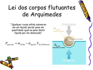 Lei dos corpos flutuantes
        de Arquimedes
     “ Qualquer corpo sólido submerso
        em um líquido ‘perde’ peso em
       quantidade igual ao peso deste
         líquido por ele deslocado”



Paparente = msólido − d líquido .VSol .Submerso
 
