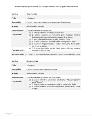 Desarrollo de una aplicación web con Spring Framework para un gestor de un recetario
90
Nombre Crear recetas
Fecha 15/05/2015
Descripción Permite crear una receta para que aparezca en la aplicación.
Actores Administrador, usuario.
Precondiciones El usuario debe estar autenticado.
Flujo normal
1) El actor pulsa sobre el botón “Crear receta”
2) El sistema muestra un formulario para introducir nombre,
descripción, tiempos, ingredientes y pasos de la receta.
3) El actor rellena el formulario y pulsa el botón “Crear”.
4) El sistema comprueba la validez de los datos y crea la receta.
5) El sistema redirige al listado de recetas del usuario, donde podrá
ver su nueva receta.
Flujo alternativo
4) El Sistema comprueba que los datos no son válidos y envía un
mensaje de error al actor.
Poscondiciones La receta se almacena en la base de datos y recibe un identificador único.
Nombre Buscar recetas
Fecha 15/05/2015
Descripción Permite buscar una receta por su nombre.
Actores Administrador, usuario.
Precondiciones El usuario debe estar autenticado en el sistema.
Flujo normal
1) El usuario introduce un nombre en el campo “Buscar receta” y
pulsa “Buscar”.
2) El sistema busca recetas cuyo nombre incluye el valor dado.
3) El sistema muestra los resultados mediante el caso de uso “Listar
recetas”
 