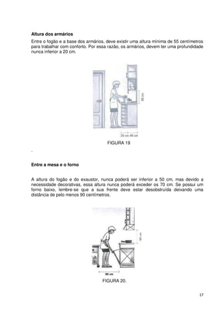 Altura dos armários
Entre o fogão e a base dos armários, deve existir uma altura mínima de 55 centímetros
para trabalhar com conforto. Por essa razão, os armários, devem ter uma profundidade
nunca inferior a 20 cm.




                                     FIGURA 19
.


Entre a mesa e o forno


A altura do fogão e do exaustor, nunca poderá ser inferior a 50 cm, mas devido a
necessidade decorativas, essa altura nunca poderá exceder os 70 cm. Se possui um
forno baixo, lembre-se que a sua frente deve estar desobstruída deixando uma
distância de pelo menos 90 centímetros.




                                   FIGURA 20.


                                                                                   17
 