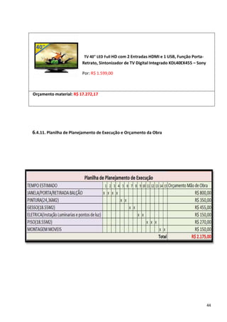 TV 40" LED Full HD com 2 Entradas HDMI e 1 USB, Função Porta-
                        Retrato, Sintonizador de TV Digital Integrado KDL40EX455 – Sony

                        Por: R$ 1.599,00



Orçamento material: R$ 17.272,17




6.4.11. Planilha de Planejamento de Execução e Orçamento da Obra




                                                                                          44
 