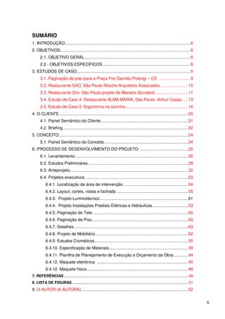 SUMÁRIO
1. INTRODUÇÃO .......................................................................................................... 6
2. OBJETIVOS.............................................................................................................. 8
      2.1. OBJETIVO GERAL ......................................................................................... 8
      2.2 - OBJETIVOS ESPECÍFICOS .......................................................................... 8
3. ESTUDOS DE CASO................................................................................................ 9
      3.1. Paginação de piso para a Praça Frei Damião Potengi – CE .......................... 9
      3.2. Restaurante SAO, São Paulo Nitsche Arquitetos Associados ....................... 10
      3.3. Restaurante Oro- São Paulo projeto de Maneco Quinderé ........................... 11
      3.4. Estudo de Caso 4: Restaurante ALMA MARIA, São Paulo- Arthur Casas ..... 13
      3.5. Estudo de Caso 5: Ergonomia na cozinha..................................................... 16
4. O CLIENTE ............................................................................................................. 20
      4.1. Painel Semântico do Cliente ......................................................................... 21
      4.2. Briefing.......................................................................................................... 22
5. CONCEITO ............................................................................................................. 24
      5.1. Painel Semântico do Conceito ...................................................................... 24
6. PROCESSO DE DESENVOLVIMENTO DO PROJETO ........................................ 25
      6.1. Levantamento ............................................................................................... 26
      6.2. Estudos Preliminares .................................................................................... 28
      6.3. Anteprojeto.................................................................................................... 32
      6.4. Projetos executivos ....................................................................................... 53
           6.4.1. Localização da área de intervenção ...................................................... 54
           6.4.2. Layout, cortes, vistas e fachada ............................................................ 55
           6.4.3. Projeto Luminotécnico .......................................................................... 61
           6.4.4. Projeto Instalações Prediais Elétricas e Hidráulicas.............................. 53
           6.4.5. Paginação de Teto................................................................................. 60
           6.4.6. Paginação de Piso ................................................................................. 60
           6.4.7. Detalhes ................................................................................................ 63
           6.4.8. Projeto de Mobiliário .............................................................................. 62
           6.4.9. Estudos Cromáticos............................................................................... 35
           6.4.10. Especificação de Materiais .................................................................. 39
           6.4.11. Planilha de Planejamento de Execução e Orçamento da Obra ............ 44
           6.4.12. Maquete eletrônica ............................................................................. 45
           6.4.12. Maquete física ..................................................................................... 48
7. REFERÊNCIAS .................................................................................................................. 49
8. LISTA DE FIGURAS ........................................................................................................... 51
9. O AUTOR (A AUTORA) .......................................................................................... 52


                                                                                                                                       6
 