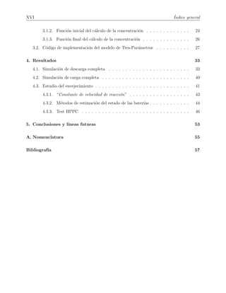XVI ´Indice general
3.1.2. Funci´on inicial del c´alculo de la concentraci´on . . . . . . . . . . . . . 24
3.1.3. Funci´on ﬁnal del c´alculo de la concentraci´on . . . . . . . . . . . . . . 26
3.2. C´odigo de implementaci´on del modelo de Tres-Par´ametros . . . . . . . . . . 27
4. Resultados 33
4.1. Simulaci´on de descarga completa . . . . . . . . . . . . . . . . . . . . . . . . 33
4.2. Simulaci´on de carga completa . . . . . . . . . . . . . . . . . . . . . . . . . . 40
4.3. Estudio del envejecimiento . . . . . . . . . . . . . . . . . . . . . . . . . . . . 41
4.3.1. “Constante de velocidad de reacci´on” . . . . . . . . . . . . . . . . . . 43
4.3.2. M´etodos de estimaci´on del estado de las bater´ıas . . . . . . . . . . . . 44
4.3.3. Test HPPC . . . . . . . . . . . . . . . . . . . . . . . . . . . . . . . . 46
5. Conclusiones y l´ıneas futuras 53
A. Nomenclatura 55
Bibliograf´ıa 57
 